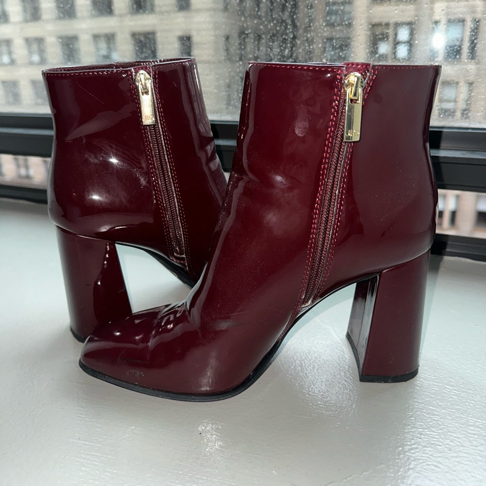 Cherry red, shinny faux leather JLo bootie size 8